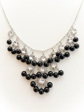 Black and Silver Tone Beaded Rhinestone Bib Necklace - Statement necklace